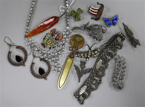 Mixed costume jewellery including enamel and silver and marcasite.